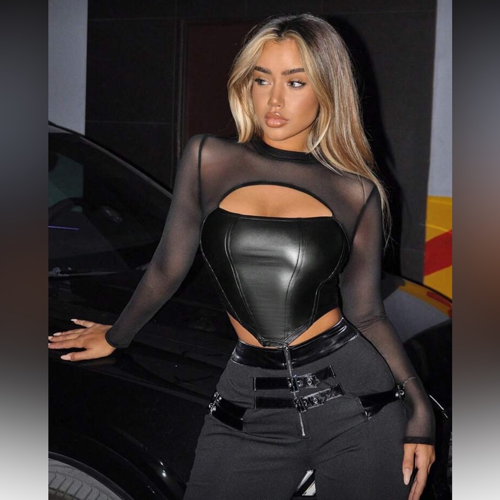 Black Sheer Long Sleeve Corset Top